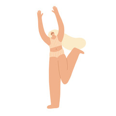 The concept of a bodysuit for a positive girl in a dynamic pose. Vector illustration