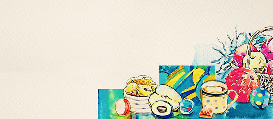 Light snack. Watercolor decorative lifestyle background