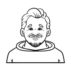 monochrome comic outline avatar. young man with sweater and beard.
