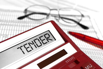 Word TENDER on calculator, glasses, documents, pen