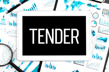 Word TENDER on tablet, clipboard, magnifier, chart, diagram.