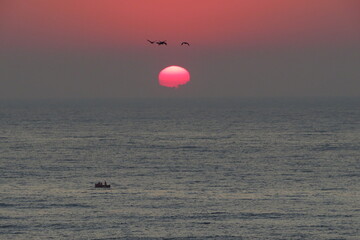 Sunrise over South African East coast with birds flying over sun and boat in foreground