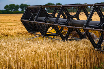 Cropped view of the combine harvester in action on the field. Combine harvester. Harvesting machine...