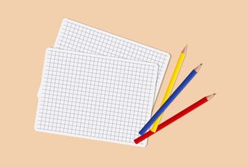 Checkered notebook sheets and colored pencils background. Vector illustration