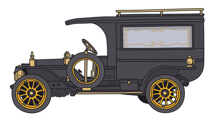 The hand draving of a vintage black funeral car