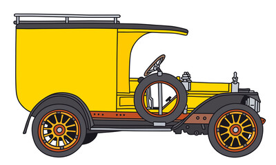 The vectorized hand drawing of a vintage black and yellow delivery van