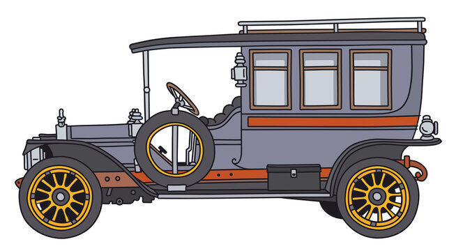 The hand draving of a vintage blue autocar