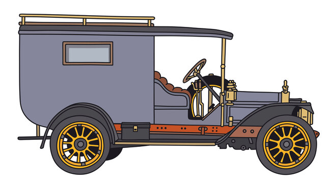The hand draving of a vintage blue delivery car