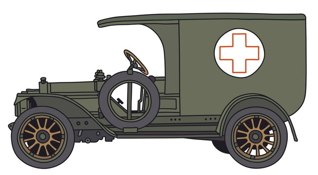 The hand draving of a vintage military ambulance car