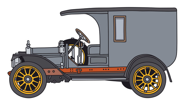 The hand draving of a vintage gray delivery car