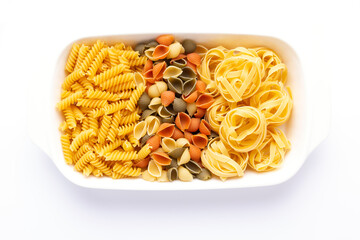 Pasta collection food in plate isolated on white background. Raw pasta