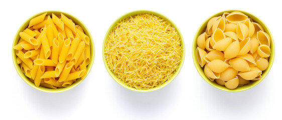 Pasta food in plate isolated on white background. Penne, conchiglie, vermicelli pasta