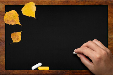 Black class board with wooden frame and yellow leaves. Womens with white chalk. Autumn and school...