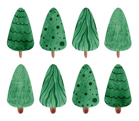 Christmas tree. Winter holiday design for Christmas decoration, banners, ribbons, greeting cards, digital scrapbooking.Abstract forest trees. Set of New Year trees. Watercolor illustration