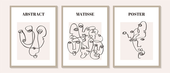 Set of posters One line drawing abstract face