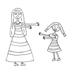 mom hugs her daughter. Vector illustration. Isolated. Coloring pages for adults and children. Cartoon. Hand-drawn doodle style. Can be used in your projects in banners and posters.