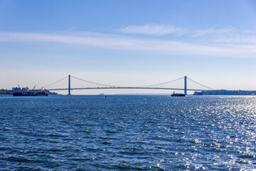 A panorama of The Narrows and the Verrazzano-Narrows Bridge, New York, USA
