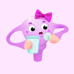Cuterus - cute human uterus organ eats a pill. Vector cartoon character illustration. Isolated on pink background. More of this character's emotions on my Adobe Stock page.