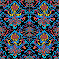 Colorful ikat pattern in vintage style. Elegant ethnic background. Hand drawn oriental art. Seamless geometric vintage texture.	