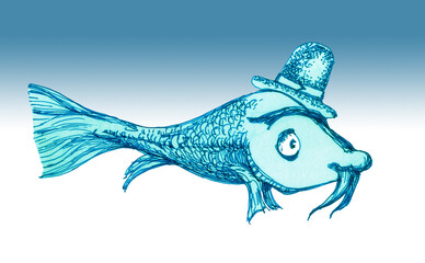 Fish in a hat for a walk. Uncle fish with a mustache. Drawing in a cartoon style.