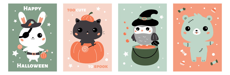 Greeting cards set for children Halloween party. Printable posters templates for nursery. Cute kawaii animals in Halloween costumes. Cartoon bear zombie, bunny pirate, owl witch and cat in pumpkin.
