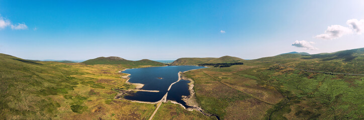 aerial view of the water shortages as levels drop in spelga dam reservoir when heat wave hit Norhtern Ireland