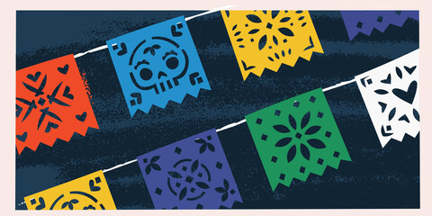 Vector image with Mexican paper garland traditional decoration for Day of the dead holiday