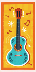 Vector illustration of blue acoustic guitar on yellow background.