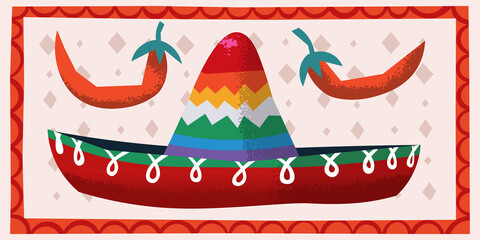 Vector image with child peppers and sombrero festive hat. Illustration for party invitations, cards and posters