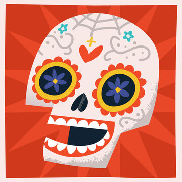 Vector image of colourful day of the dead painted skull. Holiday illustration