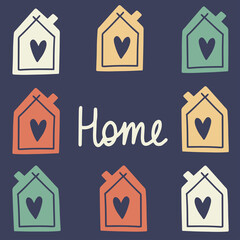 Trendy set with original cute cartoon houses with lettering in a modern retro style. Vector illustration isolated on dark background. Perfect for fabric print, invitation, design