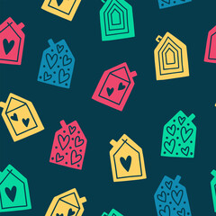 Trendy seamless pattern with original cute cartoon houses in a whimsical childlike style. Vector illustration isolated on dark background. Perfect for baby kid fabric print