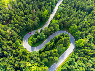Asphalt road serpentine in the forest. Aerial view from drone.