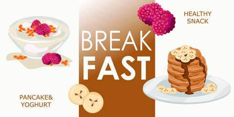 Promo banner with yoghurt, fruits, pancakes, bananas and chocolate.  Healthy eating, nutrition, diet, cooking, breakfast menu, fresh food concept. Vector illustration for banner, flyer, poster.