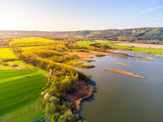 Rural landscape with Zabakor lake and Prihrazy sandstone rocks. Bohemian Paradise, Czech Republic. Aerial view from drone.