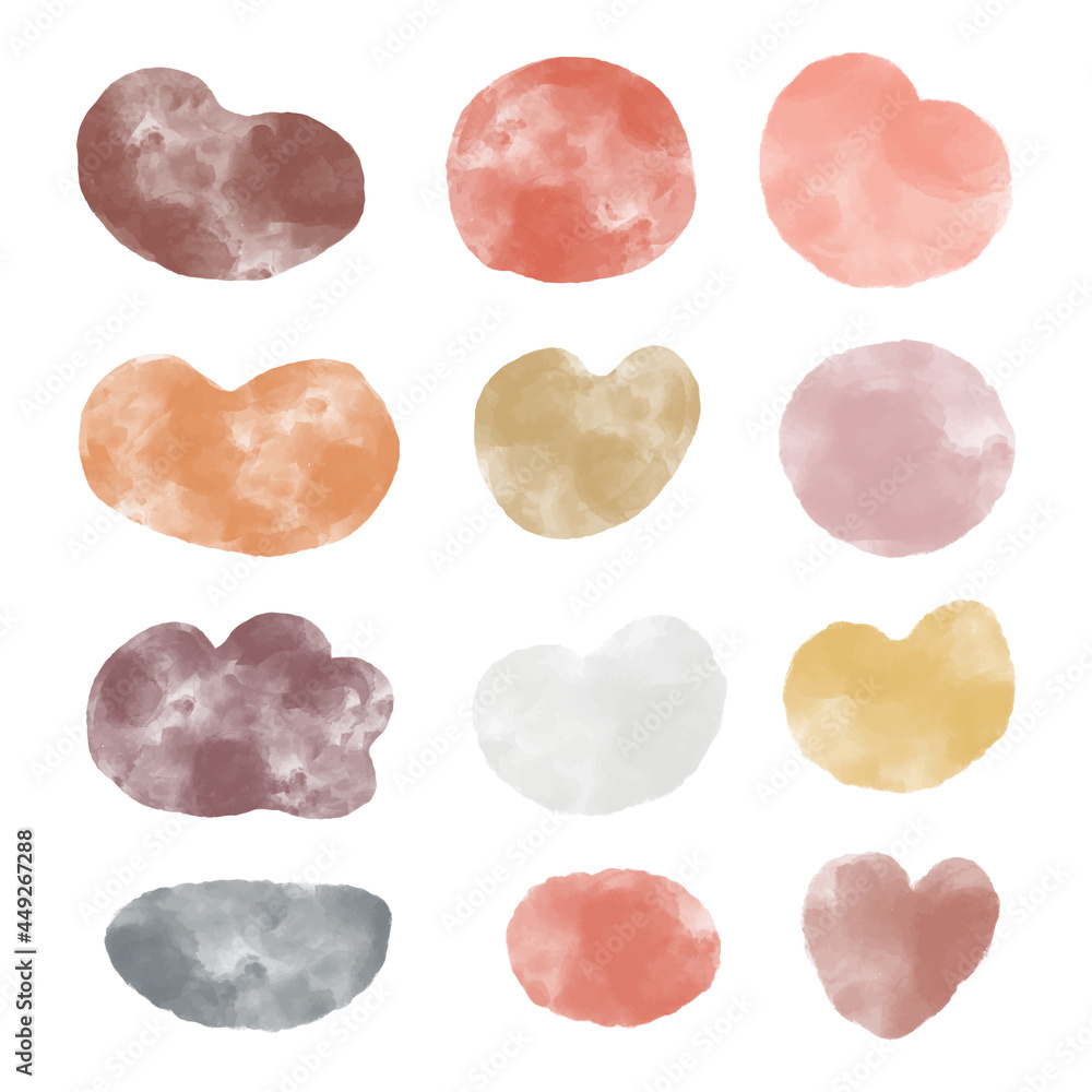 Poster collection of abstract watercolor organic shape blobs in warm autumn colors, irregular paint stains 