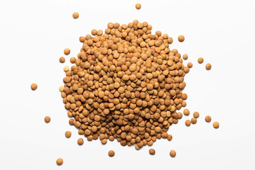Raw brown lentil isolated on white background, top view 