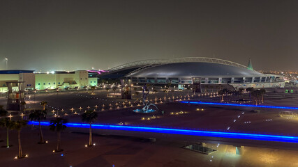 Scenic view of Aspire Academy in Doha, Qatar, at night.