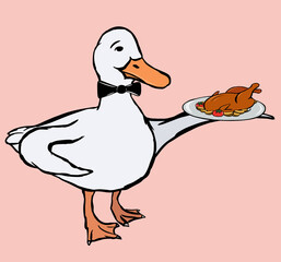 A cute funny duck waiter with a bow tie holding a plate with fried chicken with vegetables.
