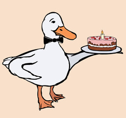 A cute funny duck waiter with a bow tie holding a plate with pink-glased chocolate cake in the wing.