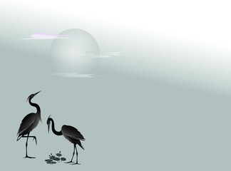 Fototapeta premium Two herons on the background of blooming lotuses and sun with clouds. Vector black-white drawing. 