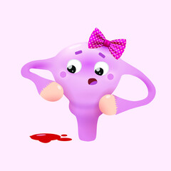 Cuterus - cute human uterus organ is bleeding. Vector cartoon character illustration. Isolated on pink background. More of this character's emotions on my Adobe Stock page.
