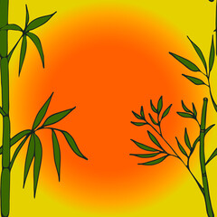 Fototapeta na wymiar Hand drawn green bamboo on a sunny background with copy space. Design card. Vector illustration.