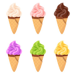 Cartoon waffle cones with ice cream  vanilla, strawberry, chocolate, blueberries, banana, pistachio