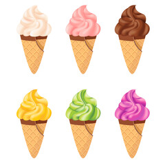 Cartoon waffle cones with ice cream  vanilla, strawberry, chocolate, blueberries, banana, pistachio
