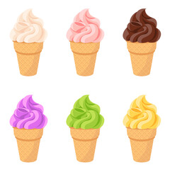 Ice cream vanilla, strawberry, chocolate, blueberries, banana, pistachio set isolated on a white background