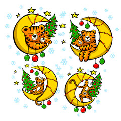 A cheerful tiger family. Christmas card. Tiger with a Christmas tree. Family look. Vector illustration