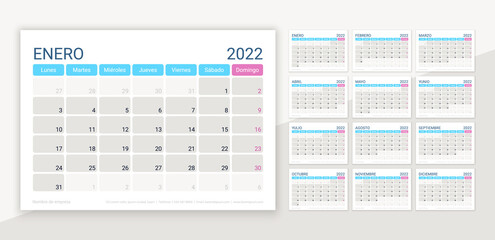 2022 Spanish calendar layout. Desk calender template. Vector illustration.