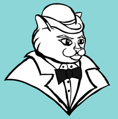 Gentleman cat in business suit with bowler hat and bow tie. Hand drawn black and white vector illustration.