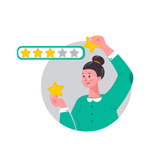 Customer review and user rating five stars. Consumer product review. Woman give positive rating and feedback. Woman  holding  yellow star in their hand on blue background